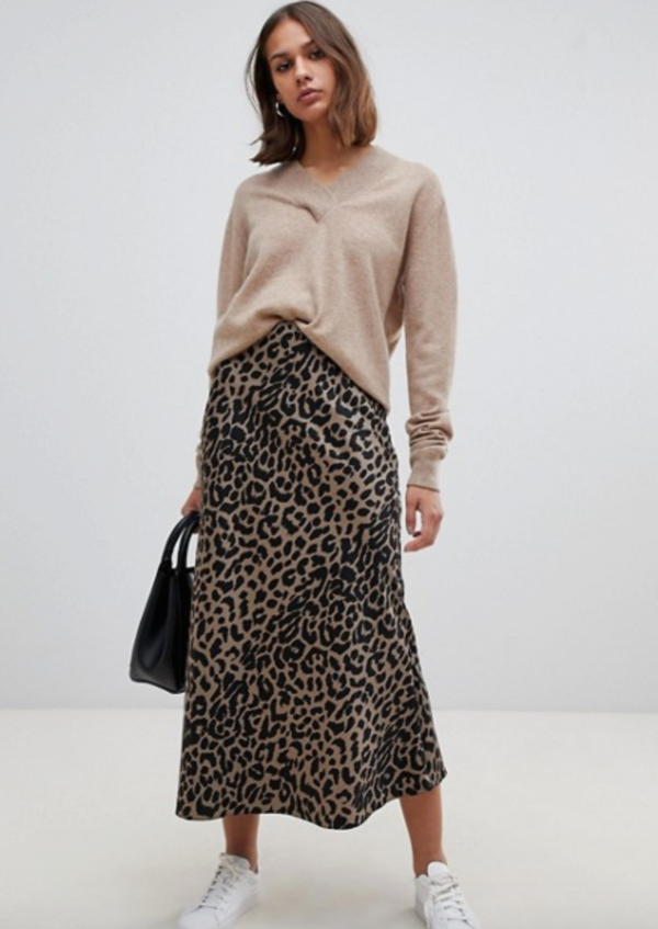ASOS DESIGN bias cut satin midi skirt in leopard print