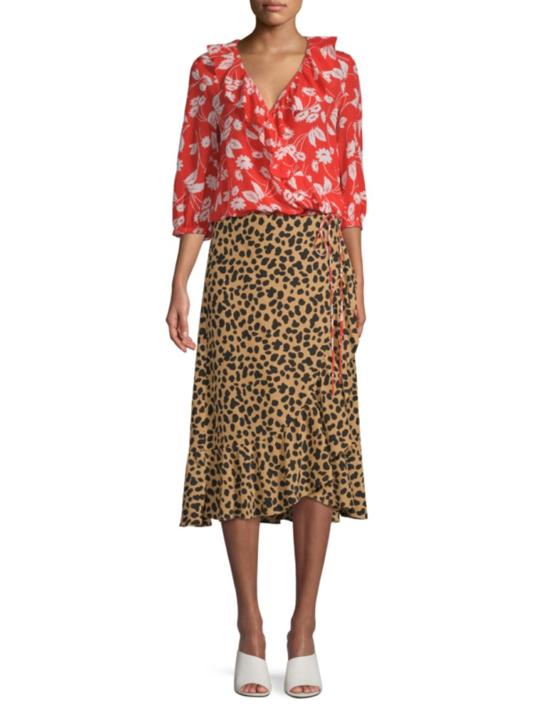 Rixo Silk Gracie Leopard Wrap Midi Skirt
